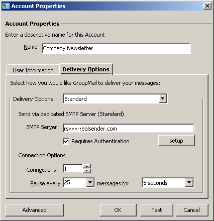 GroupMail - account properties - delivery options